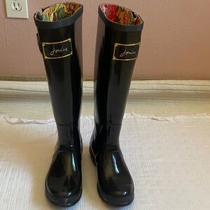 JOULES  Black Gloss Tall Rain Boots with Floral Lining